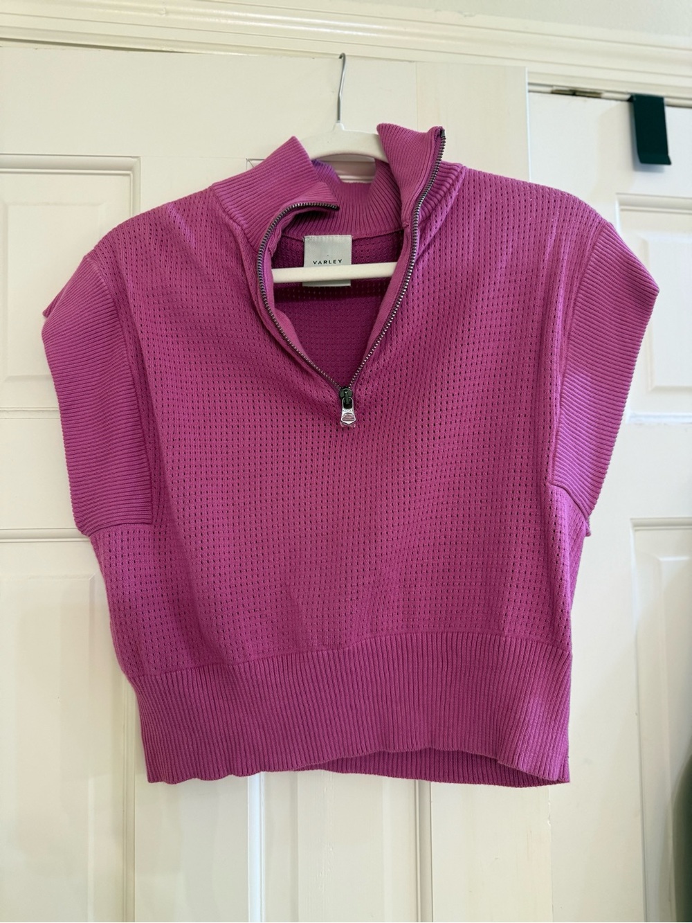 Varley Magenta Half-Zip Short Sleeve Cowl Sweater